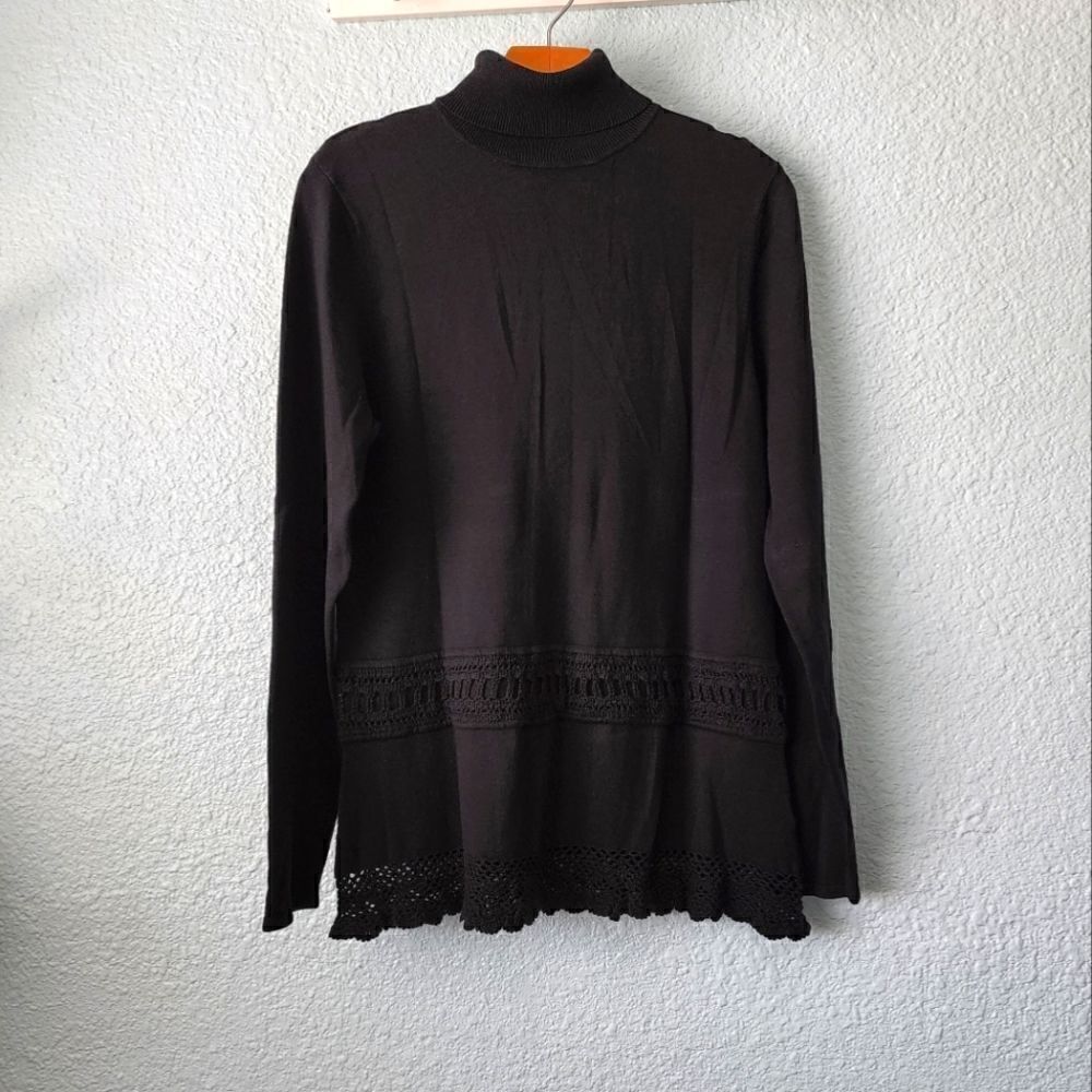Andre Oliver silk spandex tunic long crochet hem turtleneck sweater